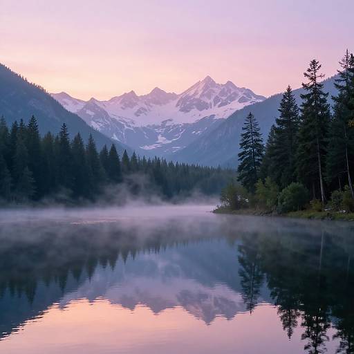 Photograph of a serene mountain lake at dawn, reflecting snow-capped peaks, evergreen forest, and pink-purple sky, with mist over the calm