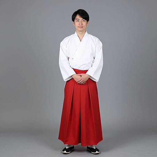 Photograph of an Asian man with short black hair, wearing a white hakama top and red hakama pants, standing against a gray background, hands