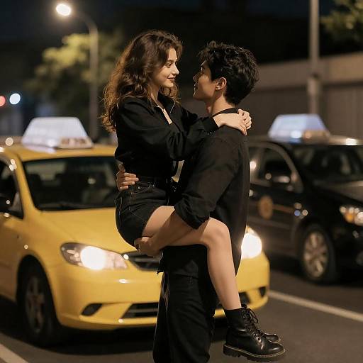 Romantic Couple Embracing by Taxi at Night