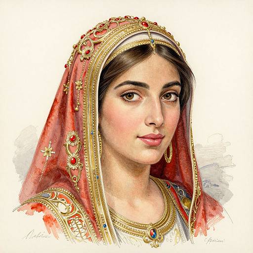 Detailed digital portrait of a young South Asian woman with medium brown skin, wearing an ornate red and gold headscarf, adorned with jewels, and