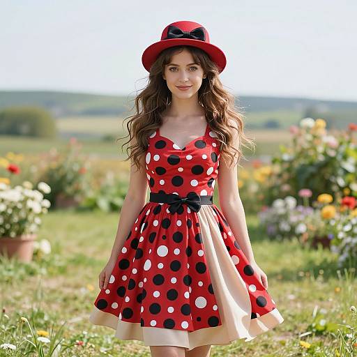 Photograph of a young woman with long brown hair in a red polka dot dress, black bow belt, and red hat, standing in a sun