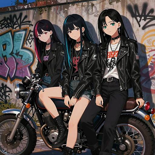 Digital anime-style drawing of three black-haired girls in leather jackets, shorts, and chokers, sitting on a motorcycle against a graffiti-covered wall.
