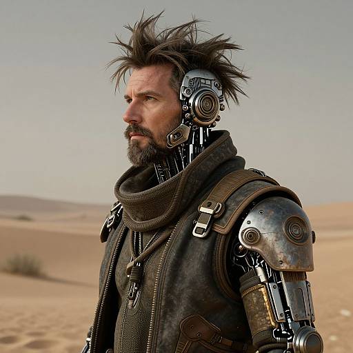 Photorealistic CGI of a rugged, bearded man with cybernetic head and arm, wearing dark armored attire, in a desert landscape.