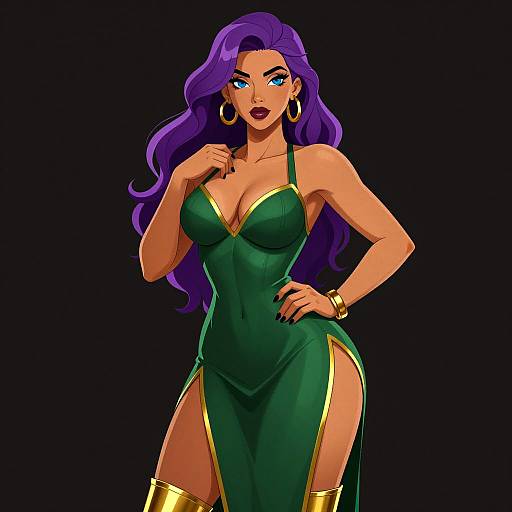Confident Woman in Green Dress with Purple Hair