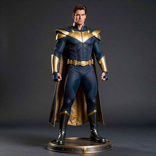Muscular Man in Dark Blue and Gold Superhero Suit