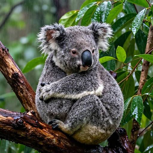 Photograph of a fluffy gray koala with white-tipped ears and a black nose, sitting on a rain-soaked tree branch among green leaves in