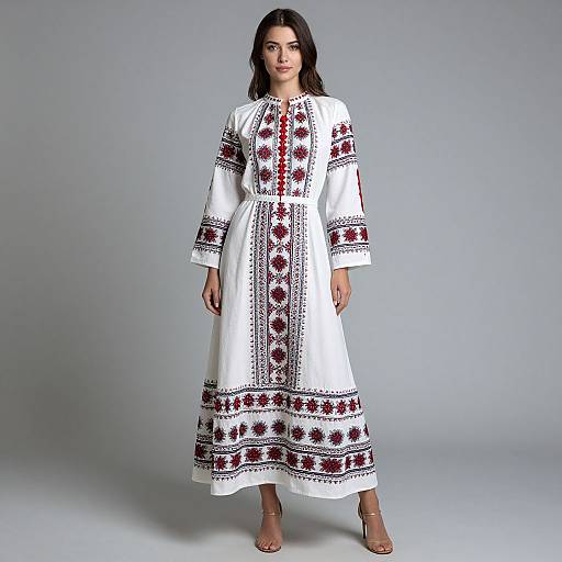 Photograph of a dark-haired woman in a white, long-sleeved, embroidered dress with red and black patterns, standing against a gray background.