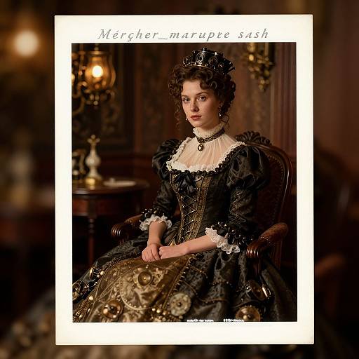 Photograph of a Victorian-era woman in a black, ornate gown with white lace collar, sitting in a dimly lit room, captioned 