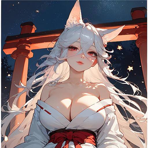 Fox Girl Miko Under Night Sky