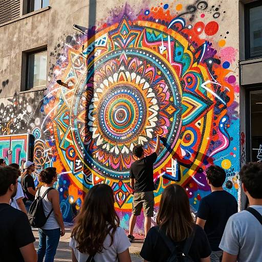 Vibrant street mural of intricate mandala design in bold colors, surrounded by people admiring the art on a sunlit urban wall. Photograph.