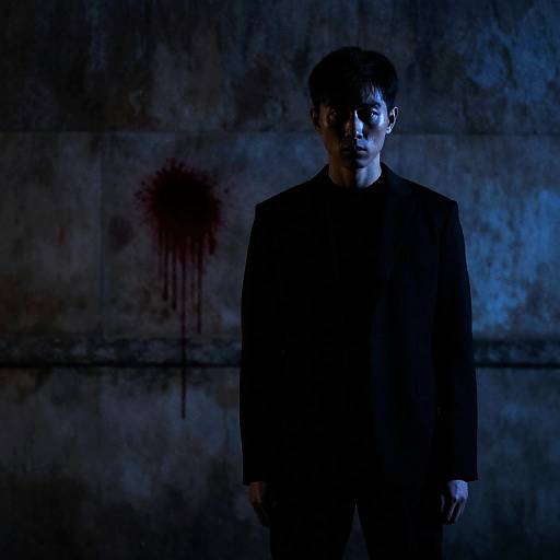 Silhouetted Man with Blood Stain on Stone Wall