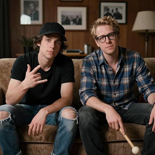 Casual Duo in Dimly Lit Room