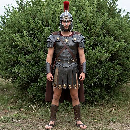 Photograph of a man in ancient Greek warrior costume with black armor, helmet, and red plume, standing in front of green bushes.