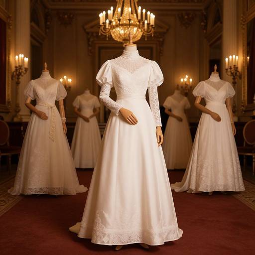 Photograph of elegant, white, lace-trimmed wedding dresses displayed on mannequins in a grand, warmly lit ballroom with a ch