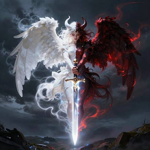 Digital fantasy art: Angel with white wings and dark red wings, holding a glowing sword, amidst stormy clouds and fiery energy.