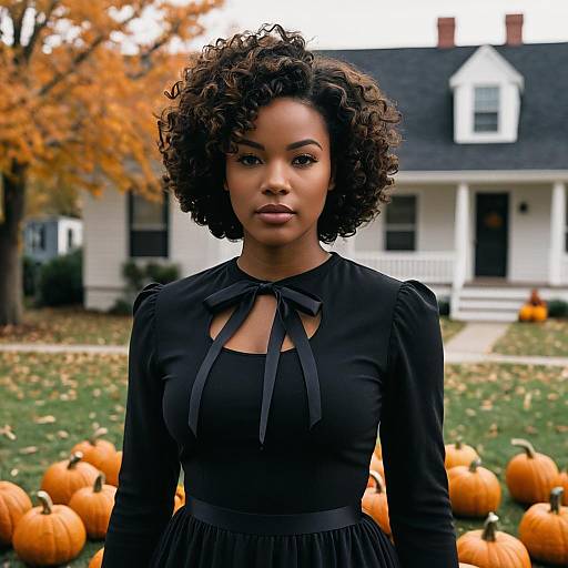 Black Woman in Black Dress with Pumpkins