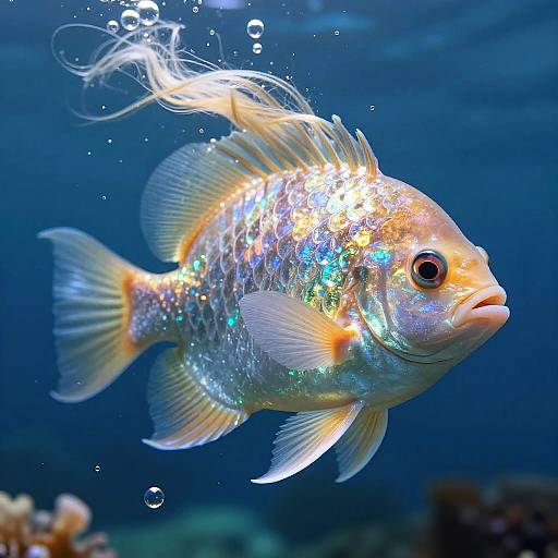 Photograph of a vibrant, iridescent fish with shimmering scales, orange and white markings, and flowing fins, swimming in a deep blue underwater