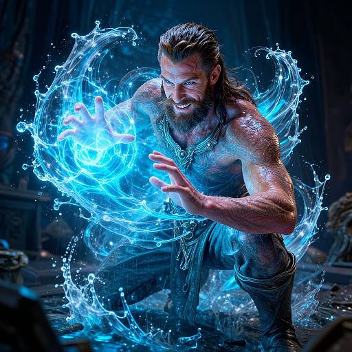 Photorealistic CGI of a muscular, bearded man with wet, dark hair, conjuring glowing blue water magic, wearing a tattered, dark