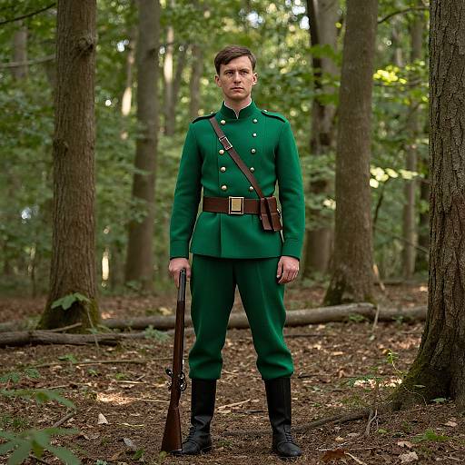 Photograph of a young Caucasian man in a green military uniform with a brown belt, holding a rifle in a dense forest.