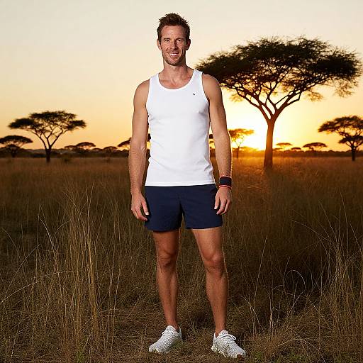 Photograph of a smiling, athletic, middle-aged man in a white tank top, black shorts, and white sneakers, standing in a grassy sav