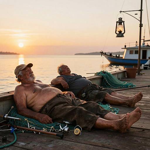 Elderly Fishermen Resting on Dock at Sunset