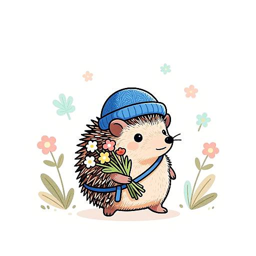 Cute Hedgehog with Flowers in Blue Hat