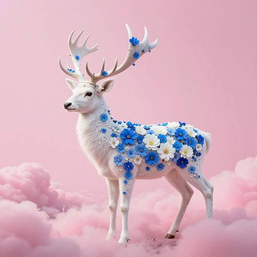 Digital art of a white deer adorned with blue and white flowers, standing on pink clouds, with a pink gradient background.
