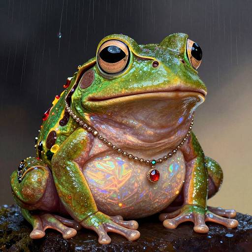 Photograph of a vibrant, iridescent green frog with large black eyes, wearing a jeweled necklace, sitting on a wet rock in the rain