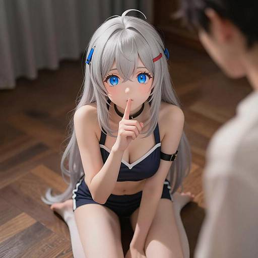 Anime Woman Kneeling with Hair Clips