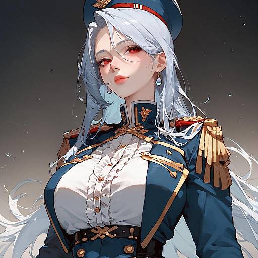 Digital anime-style illustration of a fair-skinned, white-haired woman with red eyes, wearing a blue military uniform with gold epaulettes, white
