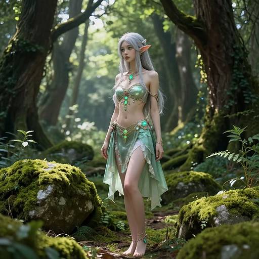 Slender Silver-Haired Elf in Enchanted Forest