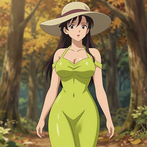 Anime-style drawing of a busty woman with long black hair, wearing a bright green off-shoulder dress and wide-brimmed hat, walking through