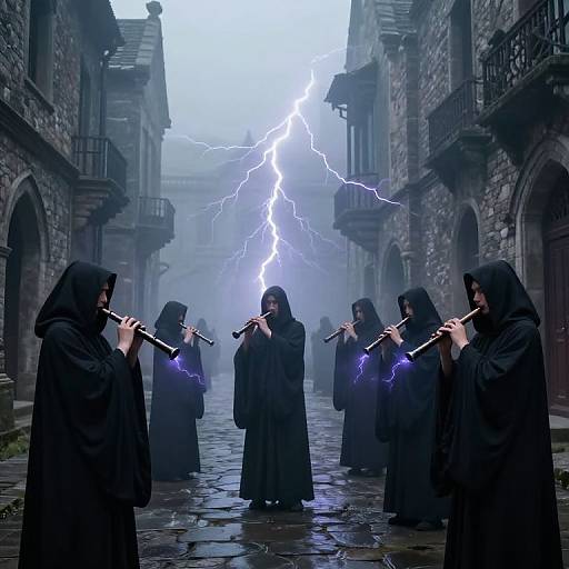 Digital artwork of seven hooded musicians playing flutes under a bright, stormy lightning bolt in a misty, stone courtyard.