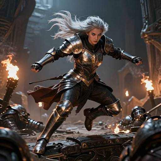 Digital artwork of a fierce, silver-haired woman in shining black armor leaping over fallen soldiers amidst a dark, lit torch-lit battlefield.