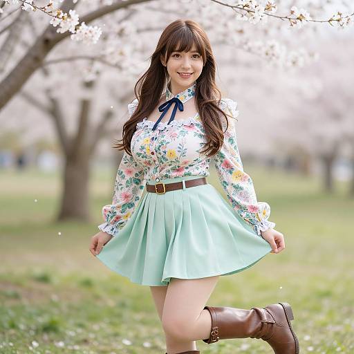 Photograph of a smiling Asian woman with long brown hair, wearing a floral blouse, light blue skirt, brown belt, and brown boots, standing in