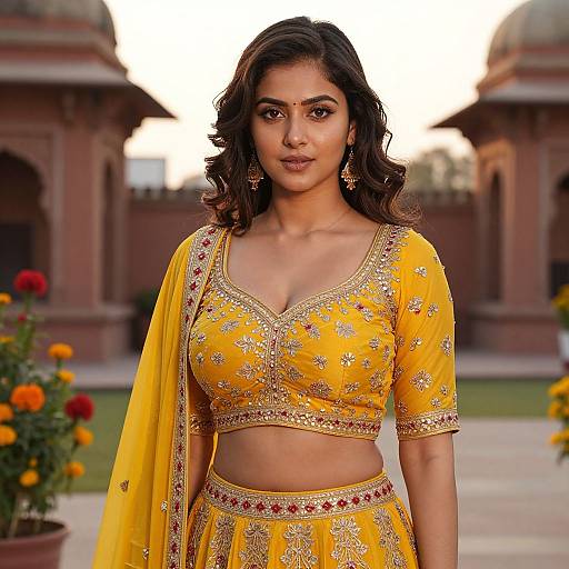 Photograph of a beautiful Indian woman with medium brown skin and wavy dark hair, wearing a yellow traditional saree and matching blouse, adorned with gold
