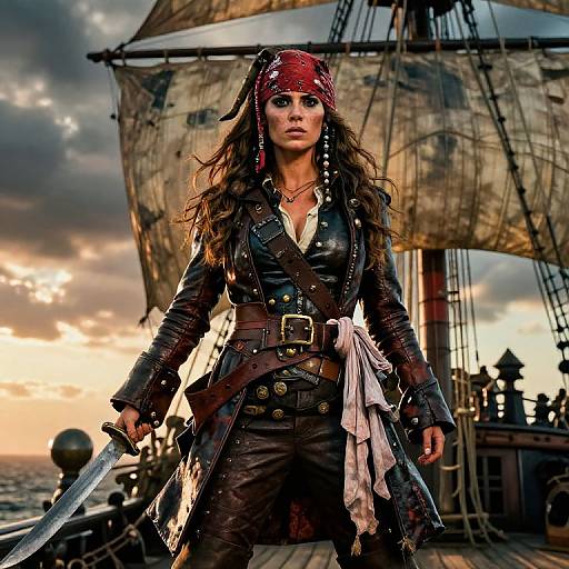 Photograph-style digital artwork of a fierce, long-haired woman pirate in leather gear, red bandana, sword, standing on a ship at sunset with