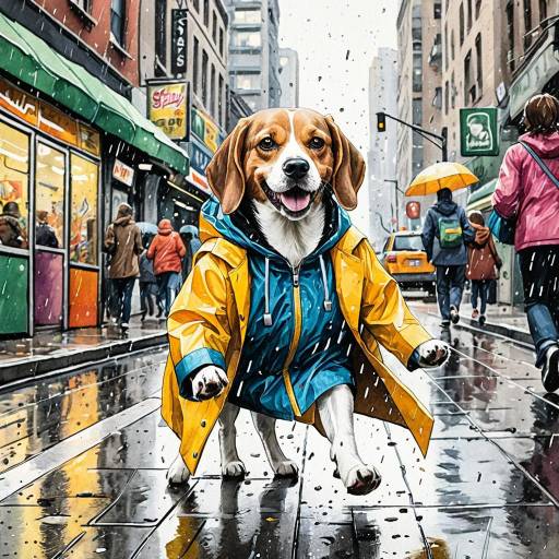 Beagle in Raincoat on Wet City Street