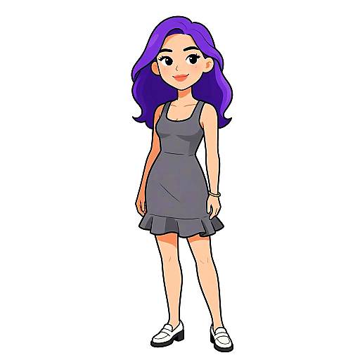 Digital cartoon of a smiling woman with long purple hair, wearing a dark gray sleeveless dress, white sneakers, standing against a white background.