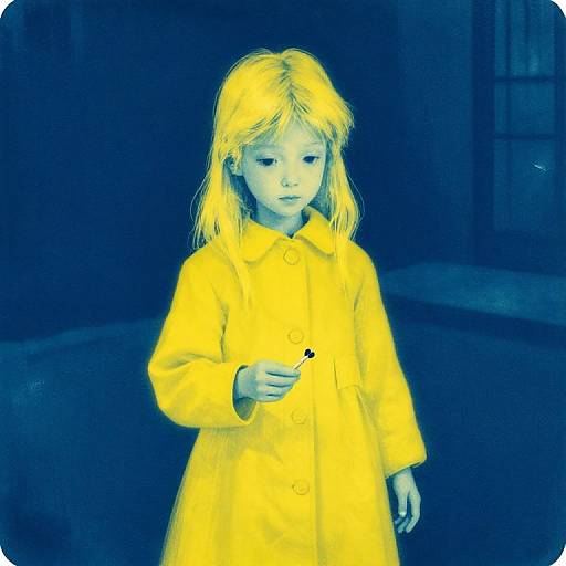 Photograph of a young girl with yellow hair and coat, standing in a dark blue-tinted urban night setting, holding a small object in her
