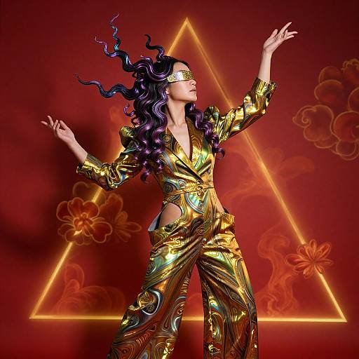 Digital artwork of a dancer in a golden, metallic outfit with flowing purple hair, blindfold, and raised arms, against a red background with a glowing