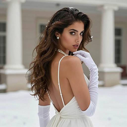 Elegant Woman in White Backless Dress in Snow
