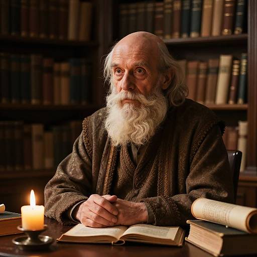 Photograph of an elderly, bald man with a white beard, wearing a dark robe, sitting in a dimly lit library, surrounded by books and