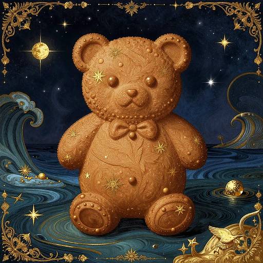 Digital illustration of a golden, embroidered teddy bear with a bowtie, surrounded by stars, waves, and ornate gold frames under a night sky