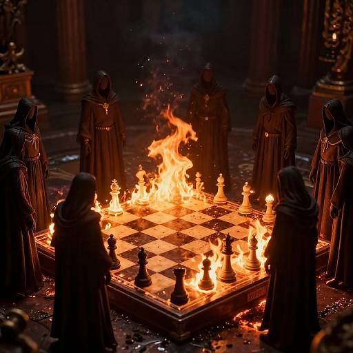 Fiery Chessboard with Shadowy Figures