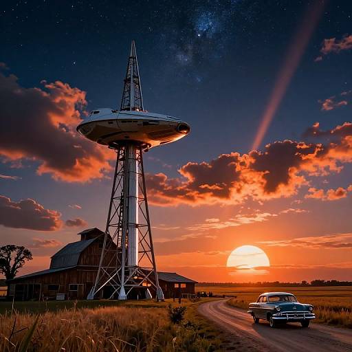 Retro Futuristic Farm Under Starry Sky