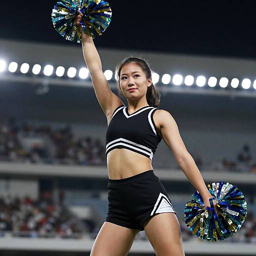 Photograph of an athletic, brown-skinned cheerleader in black and white uniform, holding blue and silver pom-poms, raising one arm under bright