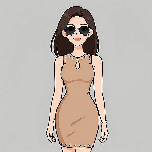 Digital drawing of a slender woman with long brown hair, wearing a tight, beige sleeveless dress, black sunglasses, and a bracelet, standing against a