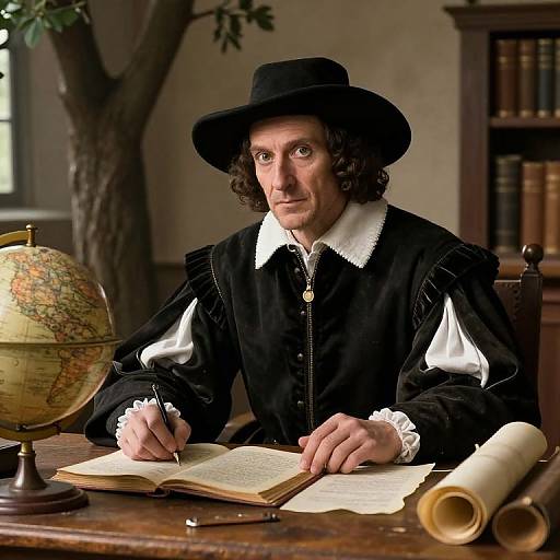 Photograph of a man with curly dark hair, wearing a black hat and Renaissance-style black and white clothing, writing at a wooden desk with a globe