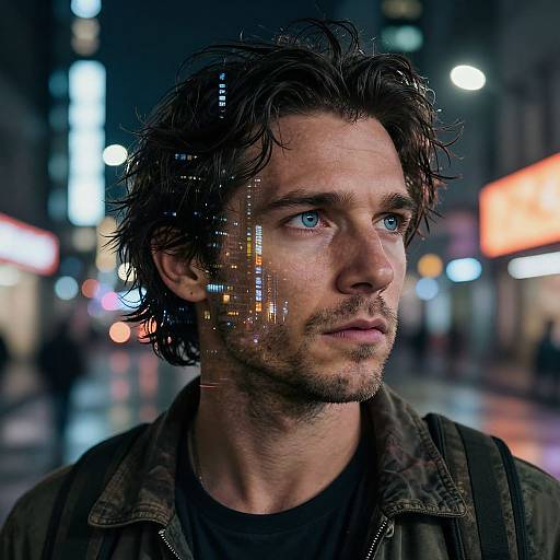 Photograph of a blue-eyed, disheveled-haired man with a pixelated face in a city night scene, wearing a dark jacket, looking contempl